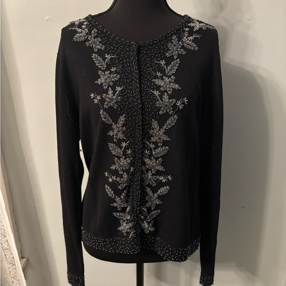 Vtg Talbots womens L black beaded silk cashmere cardigan sweater